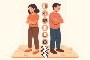Ilustrație: un cuplu întors cu spatele, despărțit de o crăpătură, cu simboluri ale distanței emoționale