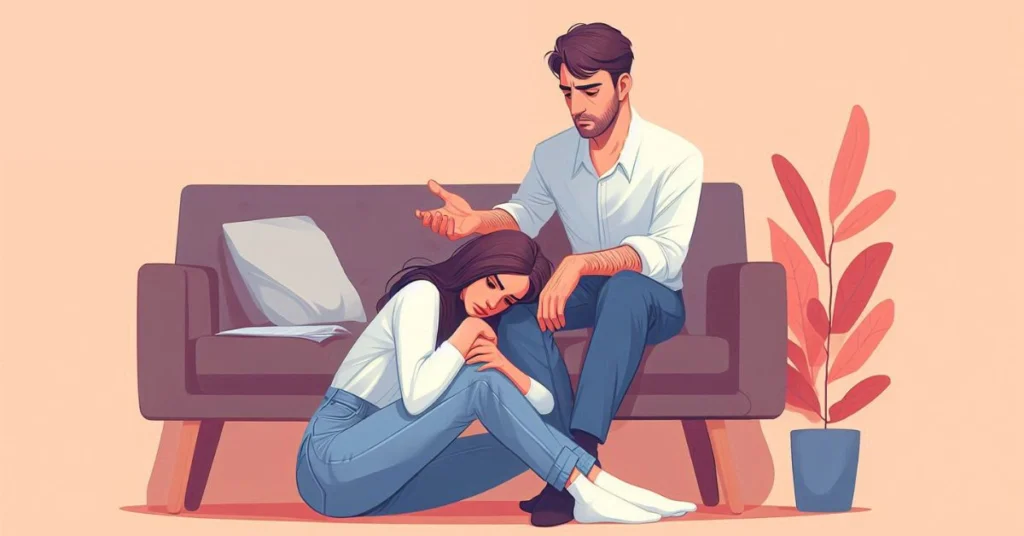 Ilustrație: o femeie tristă stă pe podea, iar partenerul se apleacă spre ea de pe canapea